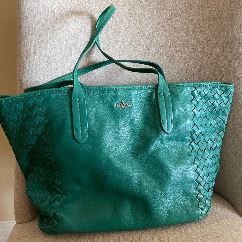 Cole Haan Teal Leather Tote with Woven Sides